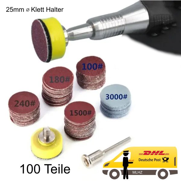 100 Teile Schleifer Set 25mm Ø mit Klett Halter für Multischleifer Hobby usw