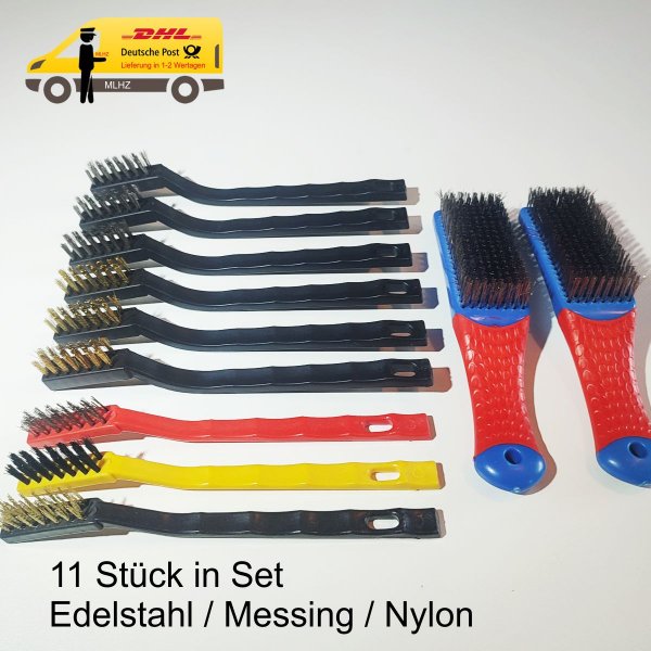 11 Stück Drahtbürsten in Messing, Nylon & Edelstahl -Set