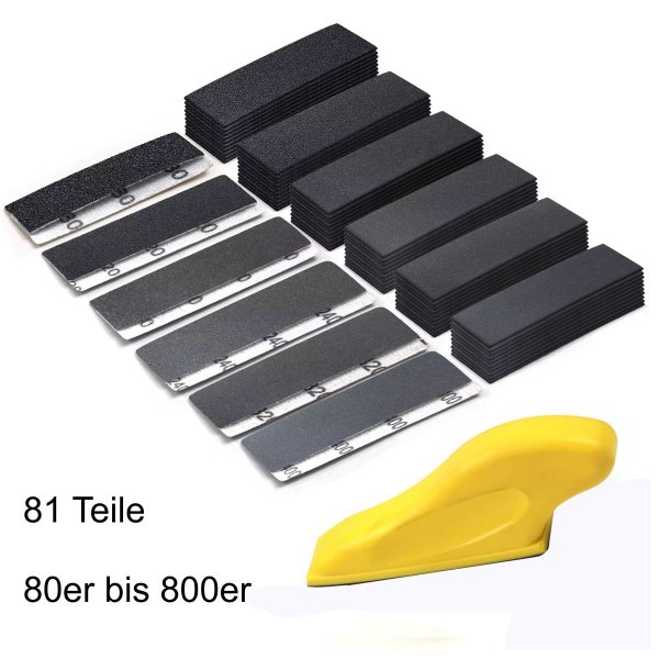 Mini-Schleifpapier-Set grob 80-800 mit Klettverschluss-Schleifblock  81-teilig