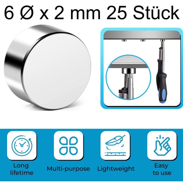 25 Stück Superstarke Magnete Scheibenmagnete 6 Ø x 2 mm Neodym Magnete