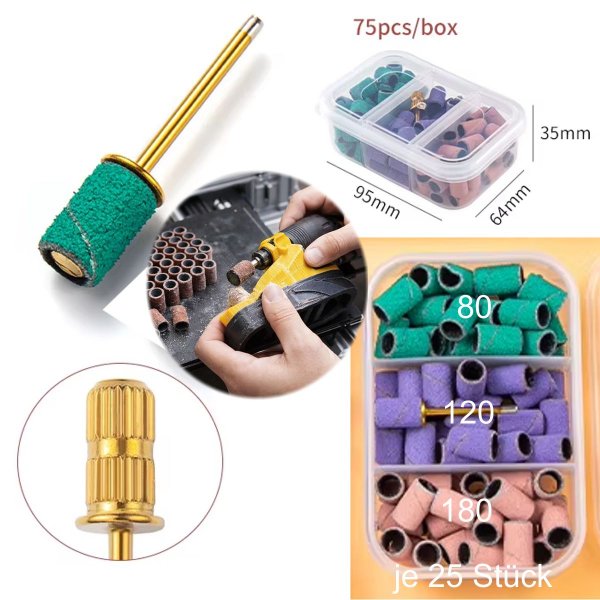75 Stück Schleifkappen 80/120/180er Körnung  8mm ⌀ + 1 Halter 2,2mm ⌀ zum nachbearbeiten