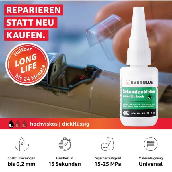 Everglue Sekundenkleber Cyanacrylat hochviskos extra lange lagerfähig 20g Dosierflasche