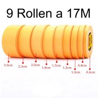 Maskierband Abklebeband Malerband 9 Rollen a 17m  30/ 24/20/18/15/12/10/8/6 mm