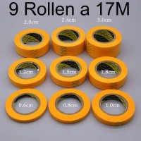 Maskierband Abklebeband Malerband 9 Rollen a 17m  30/ 24/20/18/15/12/10/8/6 mm