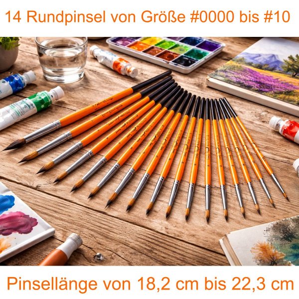 Profi Künstlerpinsel Set 14Teile – Rundpinsel für Acryl, Aquarell & Ölmalerei