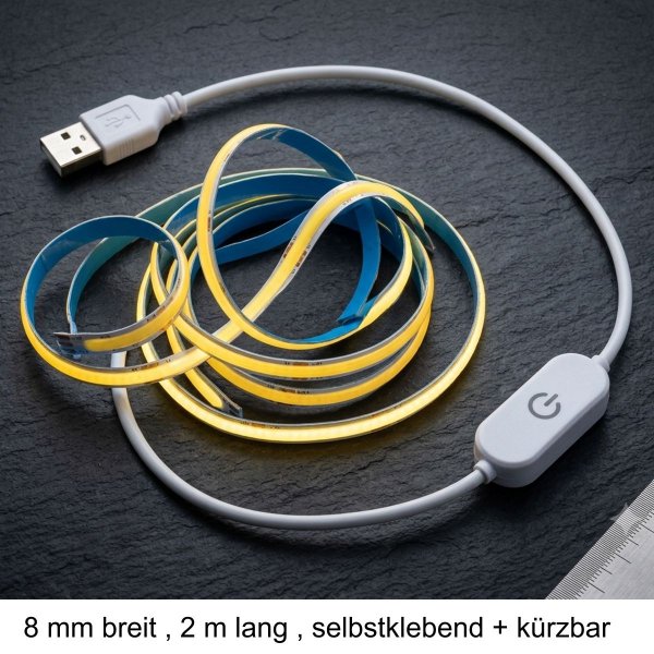 USB LED-Streifen mit Schalter + Dimmer – Neutralweiß, 8 mm breit, 2 m klebend kürzbar